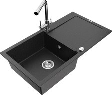 Mexen Leo chiuvetă de bucătărie din granit cu o singură cuvă cu scurgător și baterie Duero, negru/argintiu metalic