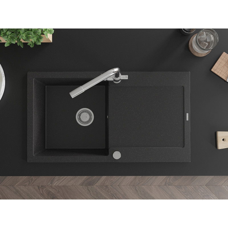 Mexen Leo chiuvetă de bucătărie din granit cu o singură cuvă cu scurgător și baterie Duero, negru/argintiu metalic