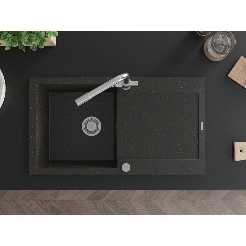 Mexen Leo chiuvetă de granit cu 1 compartiment cu scurgător și baterie de bucătărie Duero, negru/auriu metalic