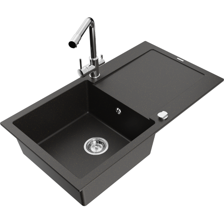 Mexen Leo chiuvetă de granit cu 1 compartiment cu scurgător și baterie de bucătărie Duero, negru/auriu metalic