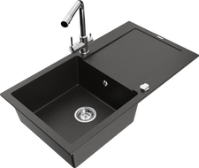 Mexen Leo chiuvetă de granit cu 1 compartiment cu scurgător și baterie de bucătărie Duero, negru/auriu metalic