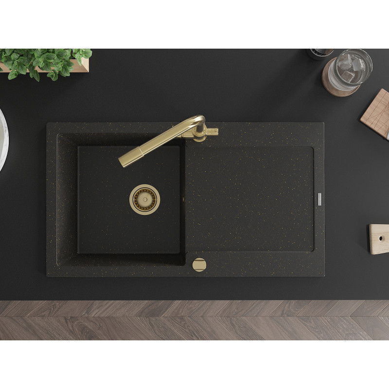 Mexen Leo egytálcás gránit mosogató lefolyóval és Duero konyhai csapteleppel, fekete/arany metál - 6501-75-671600-50