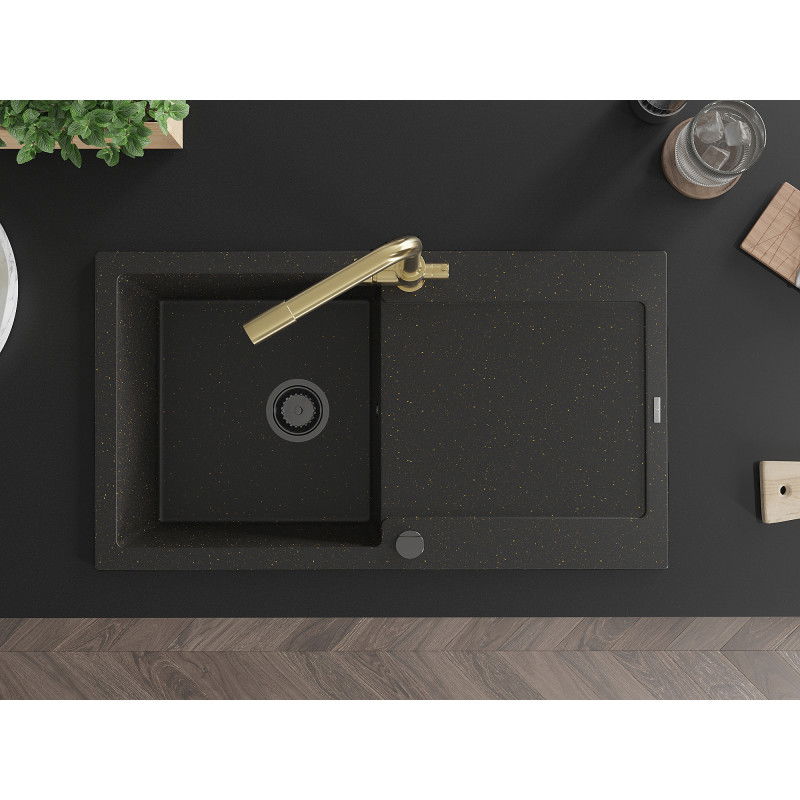 Mexen Leo chiuvetă din granit cu 1 compartiment cu scurgător și baterie de bucătărie Duero, negru/auriu metalizat