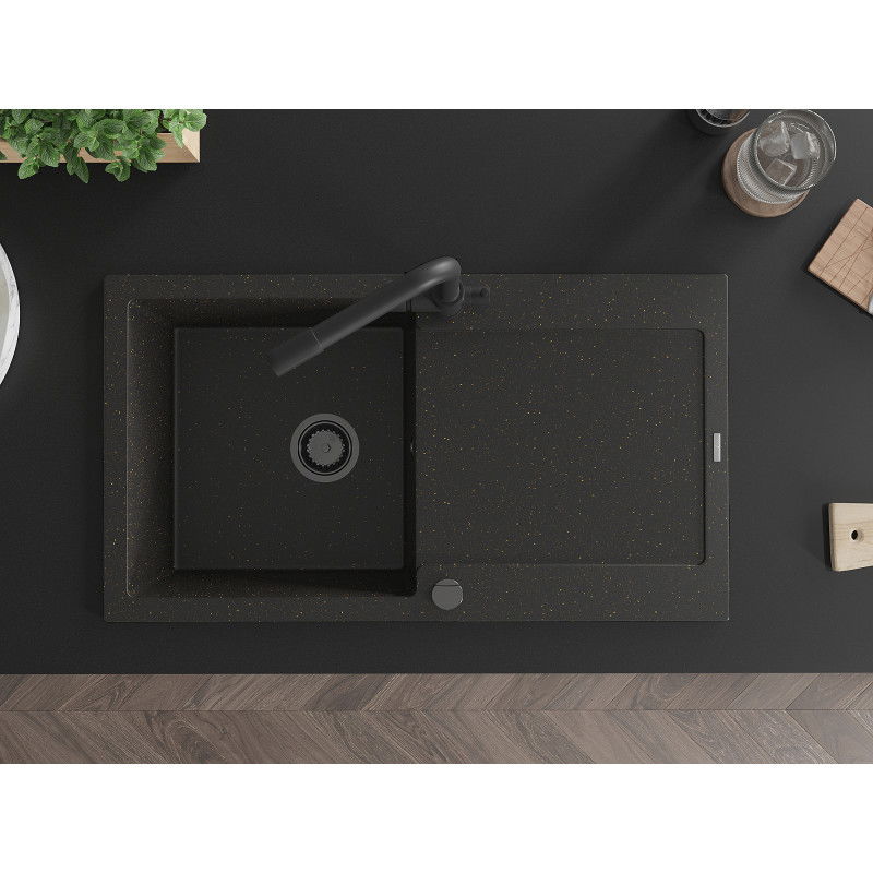 Mexen Leo chiuvetă de granit cu 1 compartiment, cu scurgător și baterie de bucătărie Duero, negru/auriu metalic