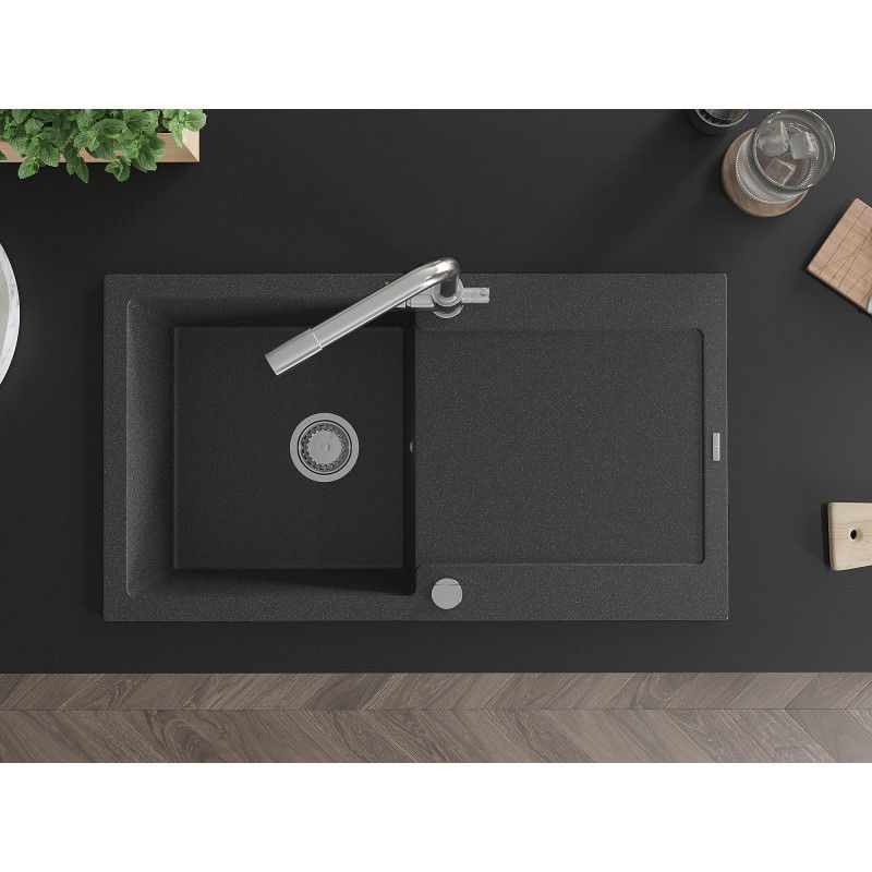 Mexen Leo 1-medencés gránit mosogató csepegtetővel és Duero konyhai csapteleppel, fekete pöttyös - 6501-76-671600-00
