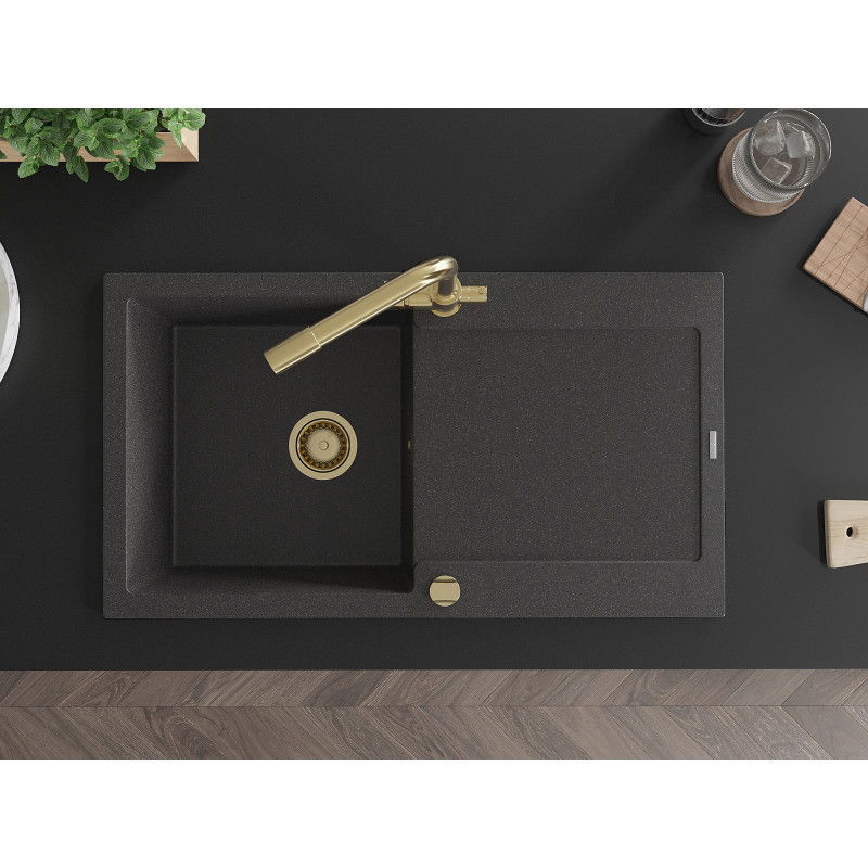 Mexen Leo 1-kamrás gránit mosogatótálca csepegtetővel és Duero konyhai csappal, fekete pöttyös - 6501-76-671600-50