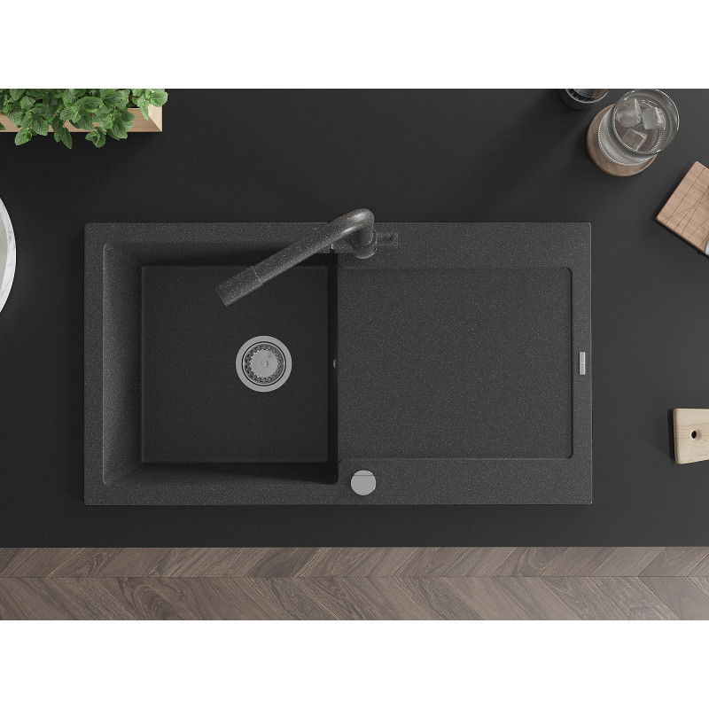 Mexen Leo chiuvetă de granit cu 1 compartiment cu scurgător și baterie de bucătărie Duero, negru cu pete - 6501-76-671600-76
