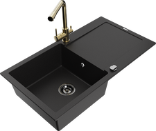 Mexen Leo 1-kamrás gránit mosogató csepegtetővel és Duero konyhai csapteleppel, fekete - 6501-77-671600-50-B
