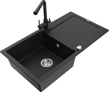 Mexen Leo gránitmosogató 1-medencés csepptálcával és Duero konyhai csappal, fekete - 6501-77-671600-70