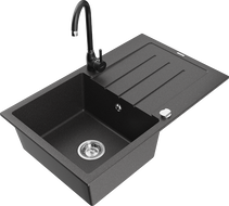 Mexen Bruno 1-medencés gránit mosogató csepegtetővel és Telma konyhai csapteleppel, fekete pöttyös - 6513-76-670200-70