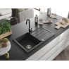 Mexen Bruno chiuvetă de bucătărie din granit cu 1 cuvă cu picurător și baterie Telma, negru cu pete - 6513-76-670200-70