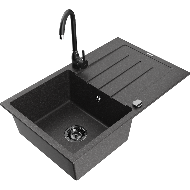 Mexen Bruno chiuvetă de granit cu 1 compartiment, cu picurător și baterie de bucătărie Telma, negru cu pete