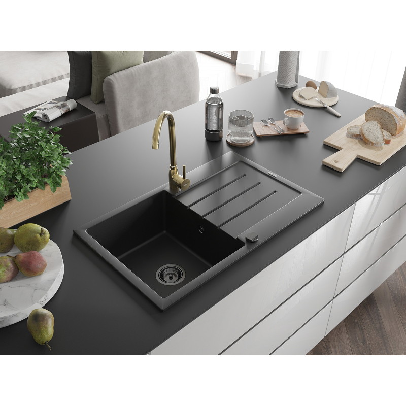 Mexen Bruno chiuvetă de granit 1-cameră cu picurător și baterie de bucătărie Telma, negru - 6513-77-670200-50-B