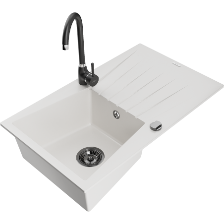 Mexen Cesar gránit mosogató 1-medencés csepegtetővel és konyhai csappal Telma, fehér - 6514-20-670200-70