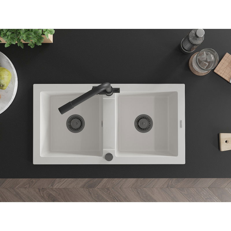 Mexen Mario gránit 2-medencés mosogató Duero konyhai csapteleppel, fehér - 6504-20-671600-70