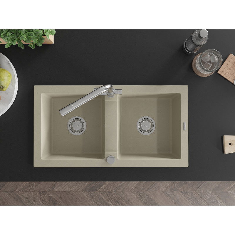 Mexen Mario kétkamrás gránit mosogató Duero konyhai csappal, bézs - 6504-69-671600-00