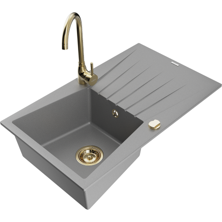 Mexen Cesar chiuvetă de granit cu 1 compartiment cu scurgător și baterie de bucătărie Telma, gri - 6514-71-670200-50
