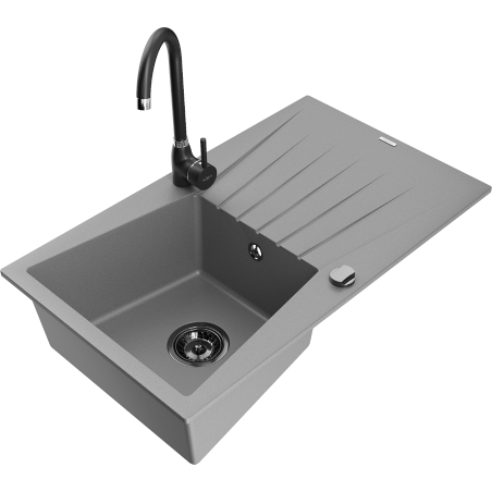Mexen Cesar chiuvetă de granit cu 1 cuvă, cu scurgător și baterie de bucătărie Telma, gri - 6514-71-670200-70-B