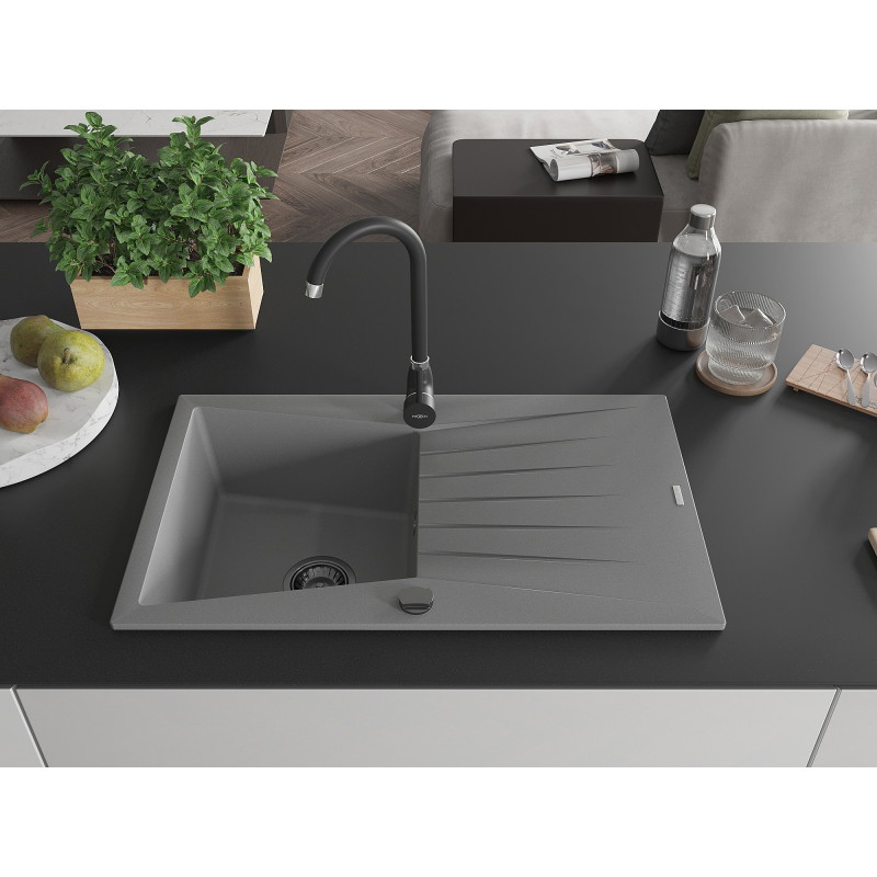 Mexen Cesar chiuvetă de granit cu 1 cuvă, cu scurgător și baterie de bucătărie Telma, gri - 6514-71-670200-70-B