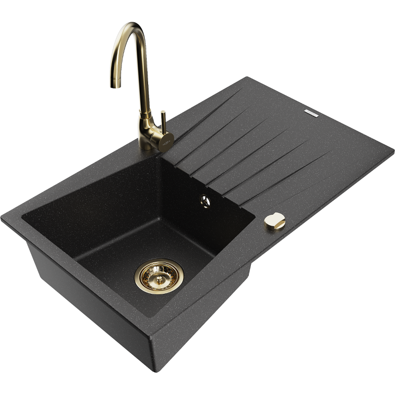 Chiuveta din granit Mexen Cesar cu 1 compartiment cu scurgător și baterie de bucătărie Telma, negru/argintiu - 6514-73-670200-5?
