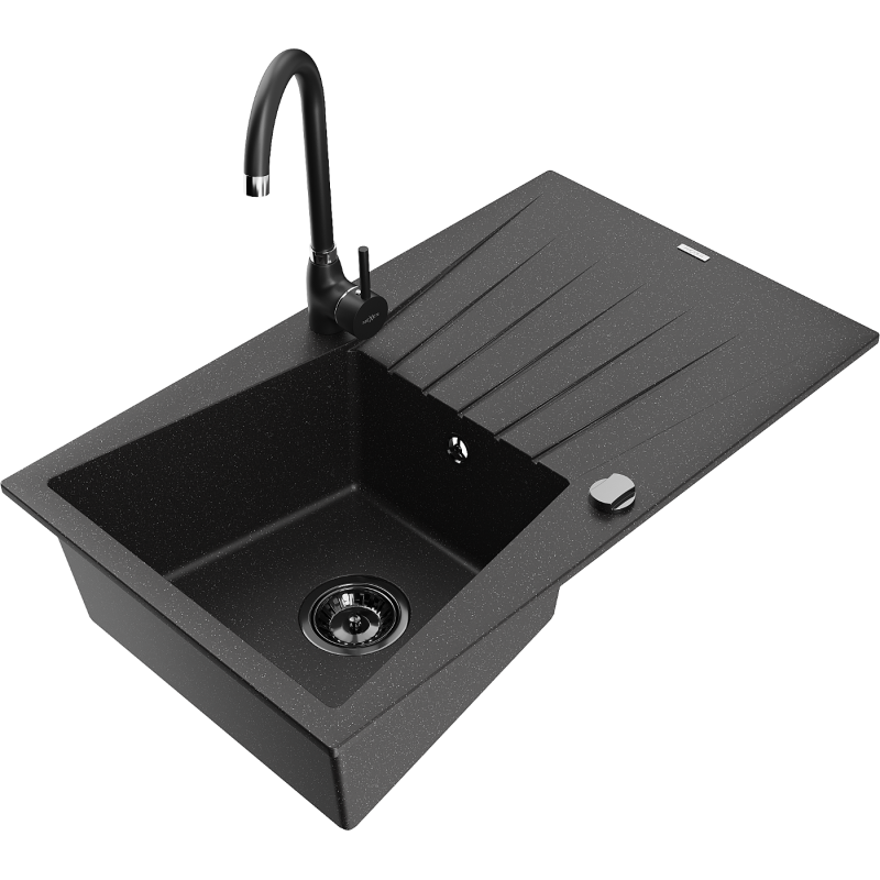 Mexen Cesar chiuvetă de bucătărie granit 1-camerală cu scurgător și baterie Telma, negru/argintiu - 6514-73-670200-70-B