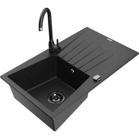 Mexen Cesar chiuvetă de bucătărie granit 1-camerală cu scurgător și baterie Telma, negru/argintiu - 6514-73-670200-70-B