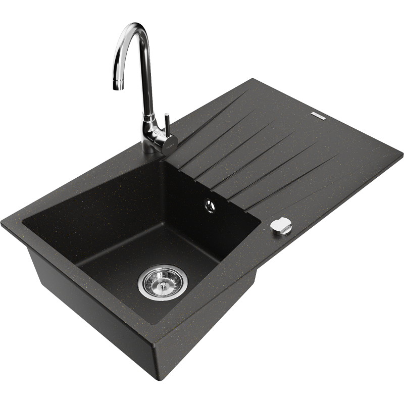 Chiuvetă de bucătărie Mexen Cesar din granit cu 1 compartiment cu scurgător și baterie Telma, negru/auriu - 6514-75-670200-00