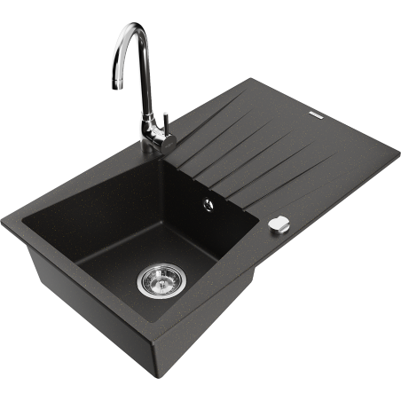 Chiuvetă de bucătărie Mexen Cesar din granit cu 1 compartiment cu scurgător și baterie Telma, negru/auriu - 6514-75-670200-00