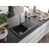 Mexen Cesar chiuvetă de granit cu un compartiment, cu picurător și baterie de bucătărie Telma, Neagră/Auriu - 6514-75-670200-00