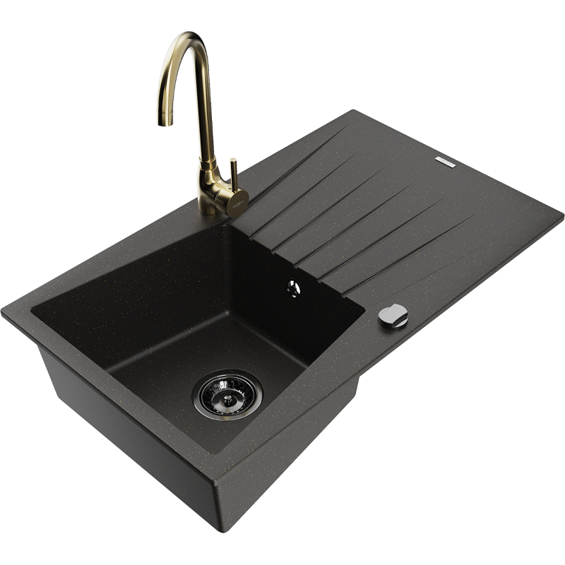 Mexen Cesar chiuvetă de granit cu 1 cuvă și scurgător și baterie de bucătărie Telma, negru/auriu - 6514-75-670200-50-B