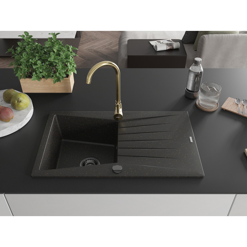 Mexen Cesar chiuvetă de bucătărie din granit cu 1 cuvă, scurgător și baterie Telma, negru/auriu - 6514-75-670200-50-B
