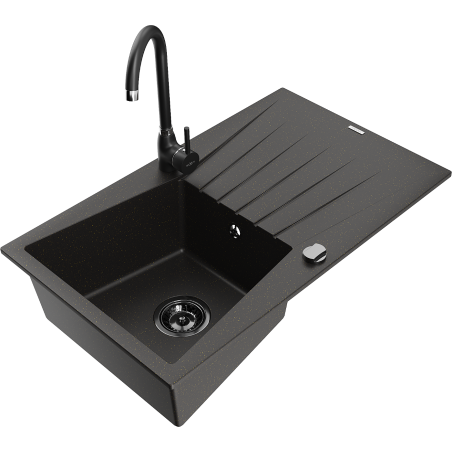 Mexen Cesar chiuvetă de granit cu 1 cuvă și scurgător și baterie de bucătărie Telma, negru/auriu - 6514-75-670200-70-B