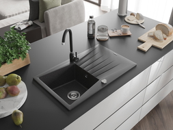 Mexen Cesar chiuvetă de granit cu 1 compartiment, cu scurgător și baterie de bucătărie Telma, negru pătat - 6514-76-670200-70