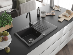 Mexen Cesar chiuvetă de granit cu o cuvă și picurător și baterie de bucătărie Telma, negru pătat - 6514-76-670200-70