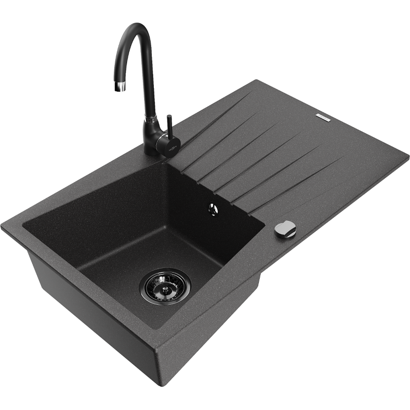 Mexen Cesar chiuvetă de granit cu 1 cuvă, cu scurgător și baterie de bucătărie Telma, negru cu pete - 6514-76-670200-70-B