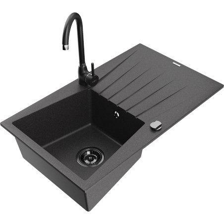 Mexen Cesar chiuvetă de granit cu 1 cuvă, cu scurgător și baterie de bucătărie Telma, negru cu pete - 6514-76-670200-70-B