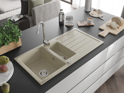 Mexen Andres chiuvetă de granit cu 1,5 compartimente cu scurgător și baterie de bucătărie Telma, bej - 6515-69-670200-00