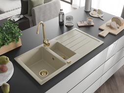 Mexen Andres chiuvetă de granit 1,5 compartimente cu scurgător și baterie de bucătărie Telma, bej - 6515-69-670200-50