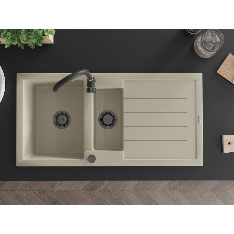Mexen Andres chiuvetă de granit cu 1,5 camere și scurgător și baterie de bucătărie Telma, bej - 6515-69-670200-70