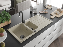 Mexen Andres gránit mosogató 1,5-medencés csepegtetővel és Telma konyhai csapteleppel, bézs - 6515-69-670200-70