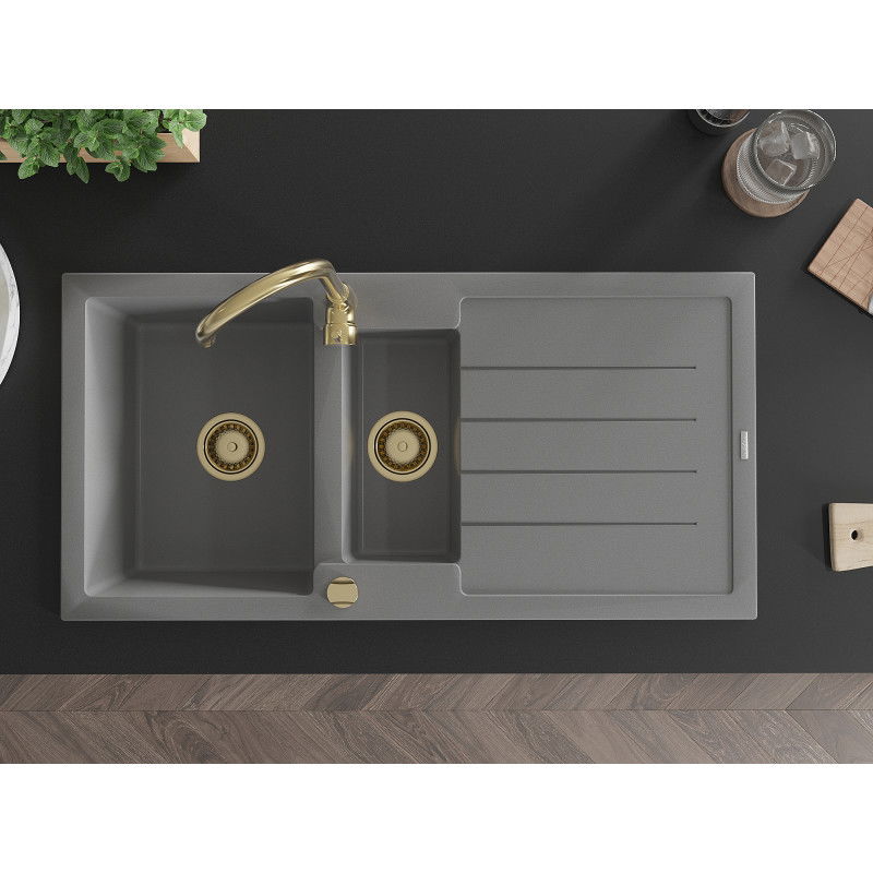 Mexen Andres chiuvetă de granit cu 1,5 compartimente cu scurgător și baterie de bucătărie Telma, gri - 6515-71-670200-50