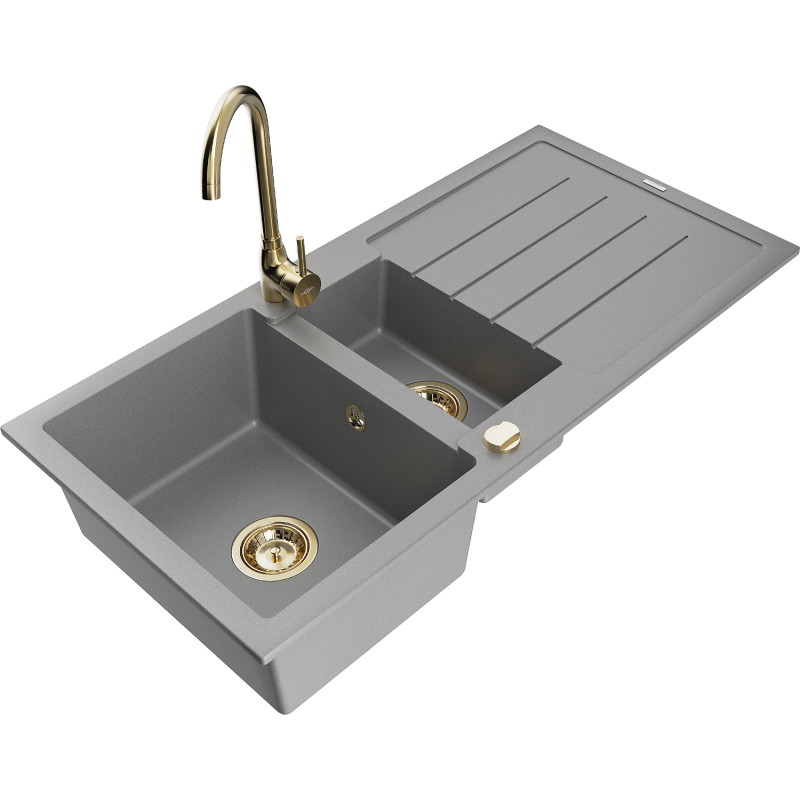 Mexen Andres chiuvetă de granit cu 1,5 cuve cu scurgător și baterie de bucătărie Telma, gri - 6515-71-670200-50