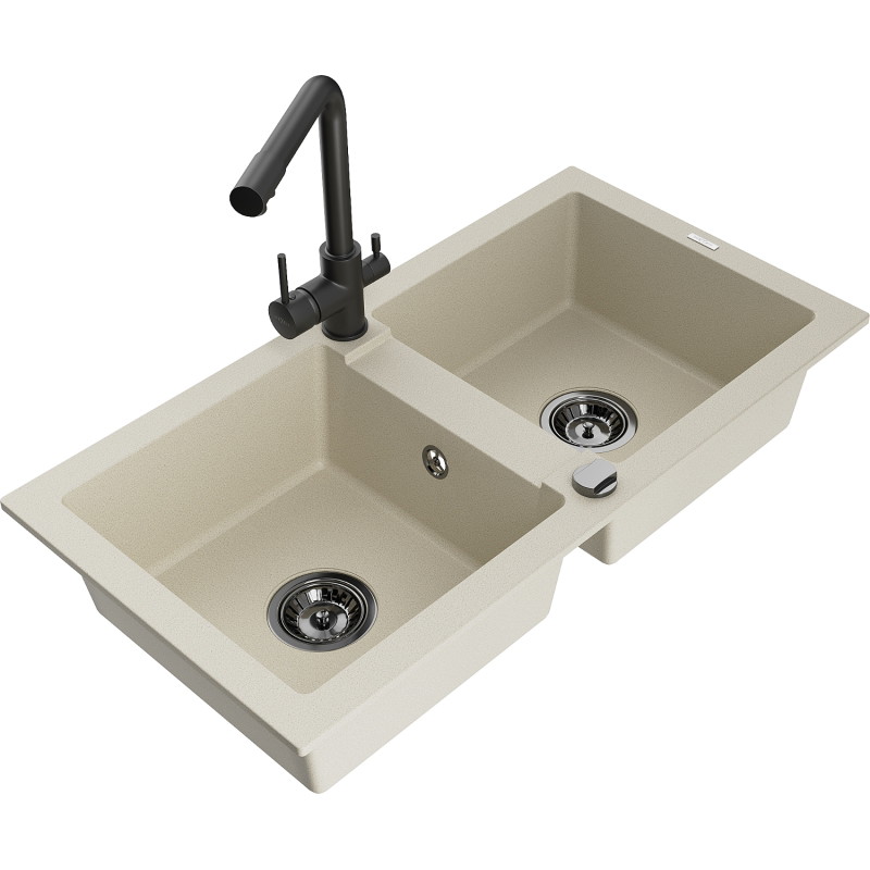 Mexen Mario chiuvetă de bucătărie din granit cu 2 compartimente și baterie Duero, bej - 6504-69-671600-70