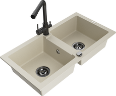 Mexen Mario kétkamrás gránit mosogató Duero konyhai csapteleppel, bézs - 6504-69-671600-70
