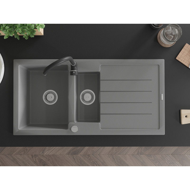 Mexen Andres chiuvetă din granit 1,5 camere cu picurător și baterie de bucătărie Telma, gri - 6515-71-670200-70