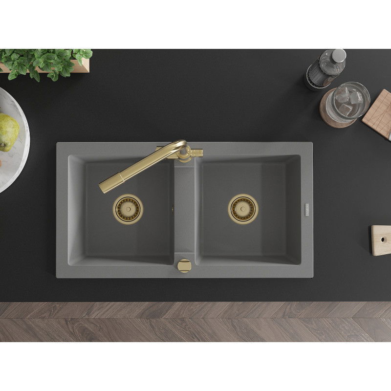 Mexen Mario chiuvetă de bucătărie din granit cu 2 compartimente și baterie Duero, gri - 6504-71-671600-50