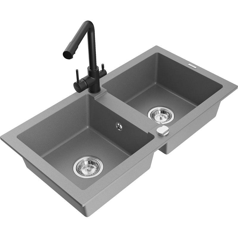 Mexen Mario chiuvetă de bucătărie din granit cu 2 compartimente și baterie Duero, gri - 6504-71-671600-70