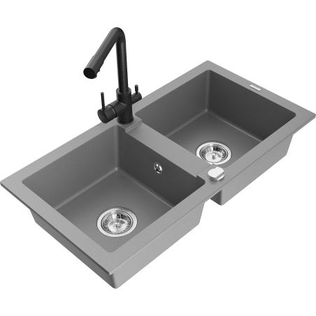 Mexen Mario chiuvetă de bucătărie din granit cu 2 compartimente și baterie Duero, gri - 6504-71-671600-70