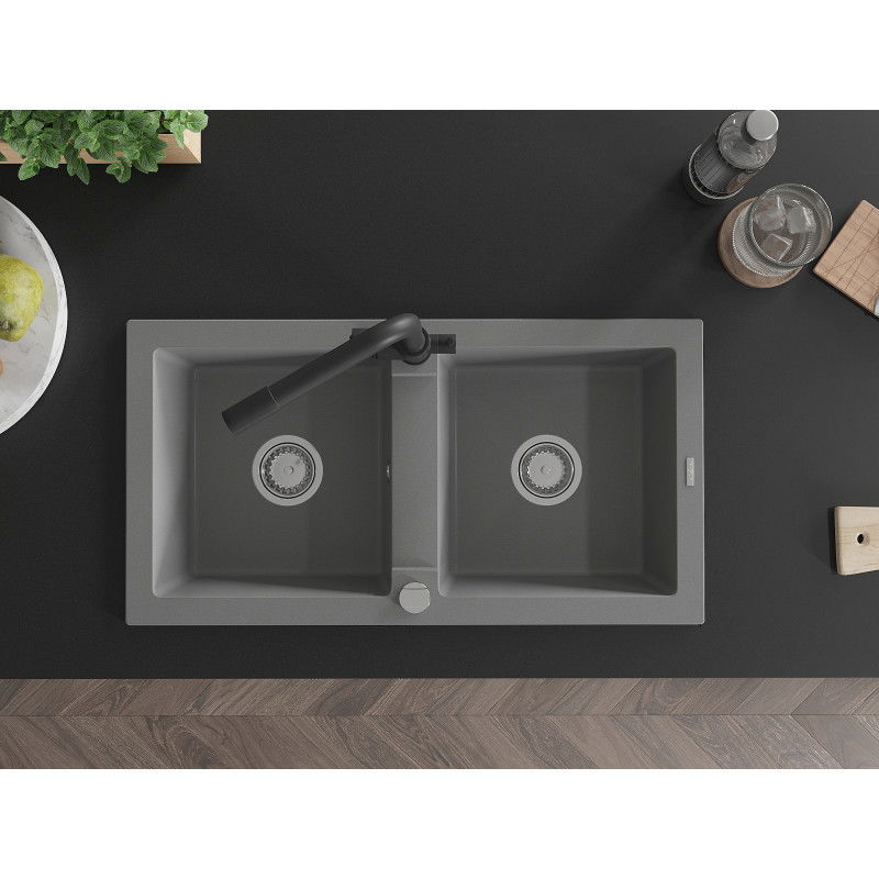 Mexen Mario chiuvetă de bucătărie din granit cu 2 compartimente și baterie Duero, gri - 6504-71-671600-70