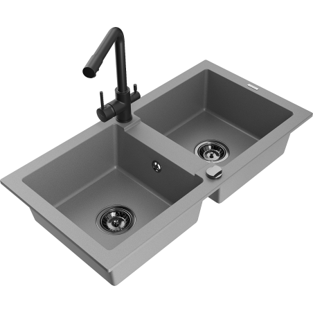 Chiuvetă granit Mexen Mario cu 2 compartimente și baterie de bucătărie Duero, gri - 6504-71-671600-70-B